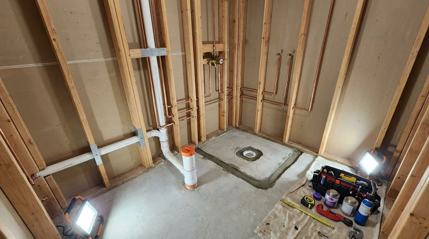 Bathroom rough-in plumbing during remodel by Johns Plumbing LLC in Jessup