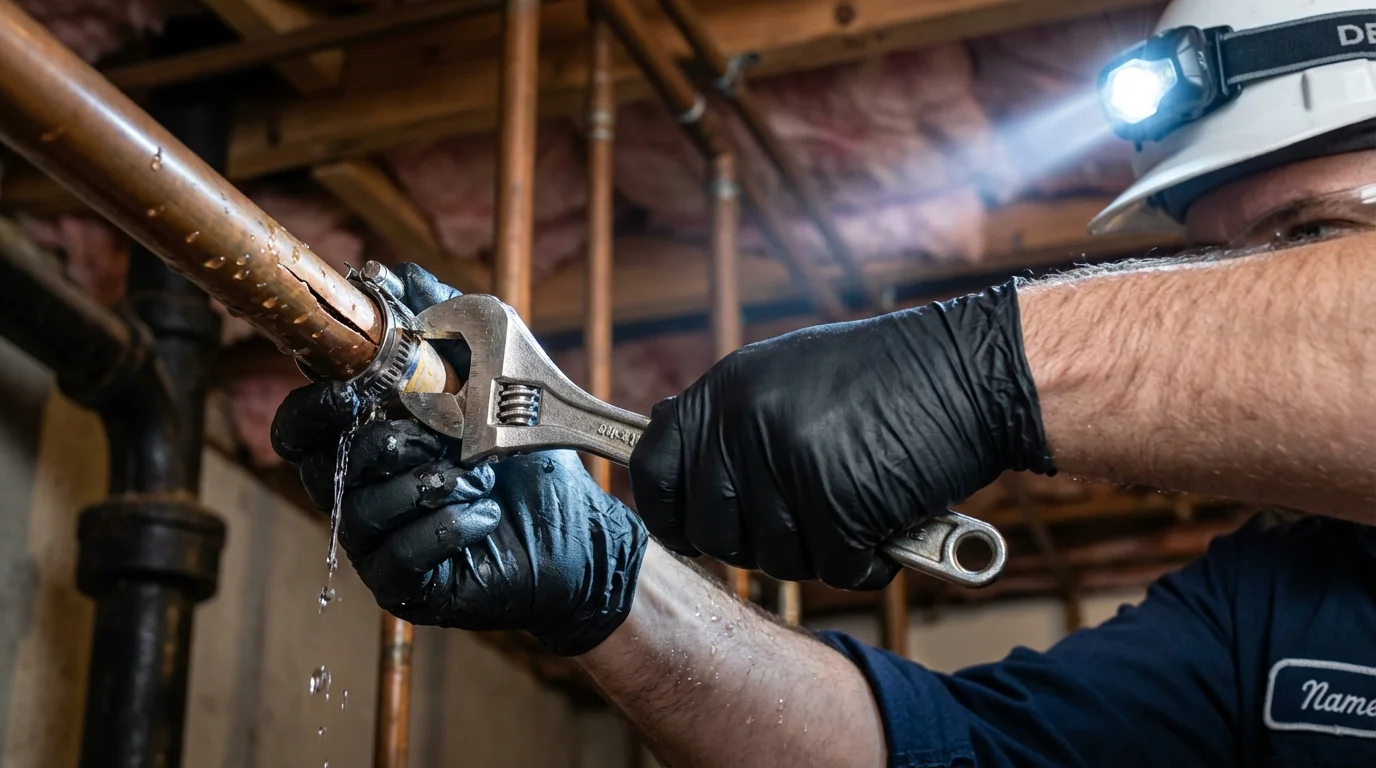 Emergency pipe clamp repair being performed by a Johns Plumbing LLC plumber in Jessup
